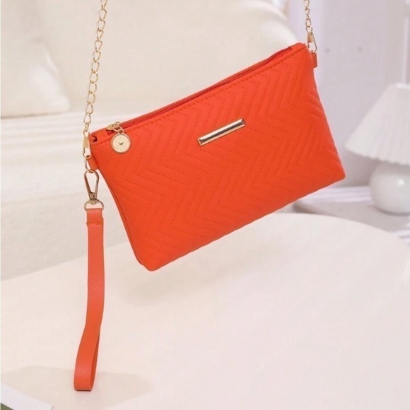 Handbags - Quilted Orange Shoulder Bag with Gold Chain Strap - Chic & Versatile